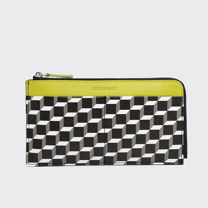 Pierre Hardy PORTEFEUILLE PALATINE, toile enduite cube perspective et cuir d'agneau vert citron