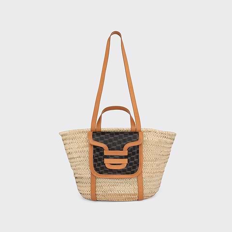 Pierre Hardy PANIER ALPHA, raffia naturel, toile enduite cube perspective noir et cuir de veau naturel