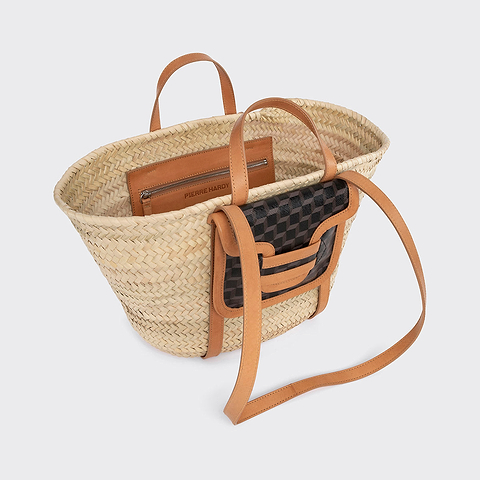 Pierre Hardy PANIER ALPHA, raffia naturel, toile enduite cube perspective noir et cuir de veau naturel, vue 2