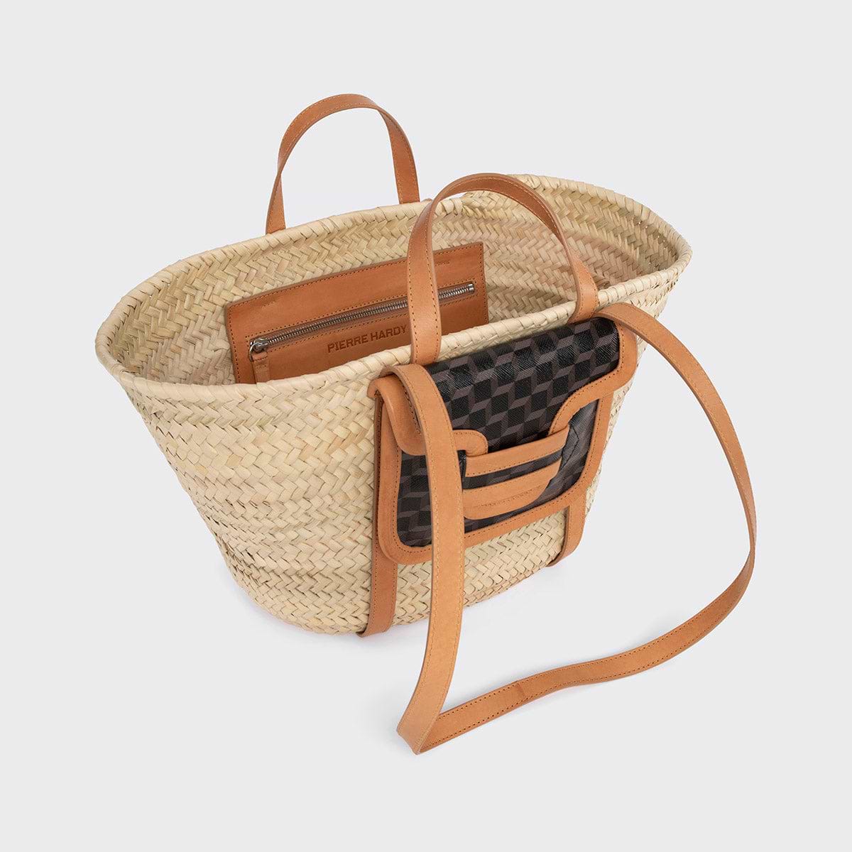 Pierre Hardy PANIER ALPHA, raffia naturel, toile enduite cube perspective noir et cuir de veau naturel, vue 3