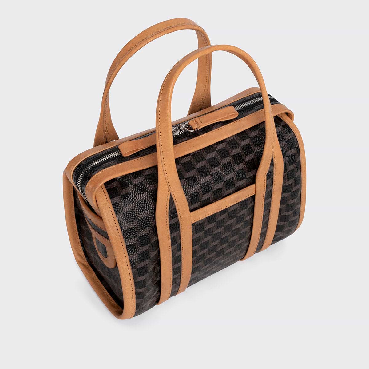 Pierre Hardy SAC À MAIN MINI CAB, toile enduite cube perspective noir et ganses en cuir de veau naturel, vue 6