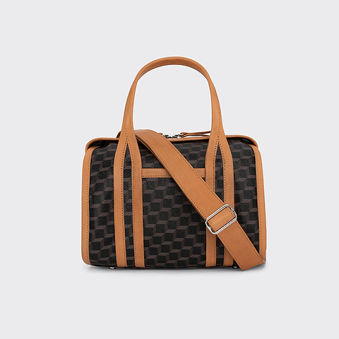 Pierre Hardy SAC À MAIN MINI CAB, toile enduite cube perspective noir et ganses en cuir de veau naturel