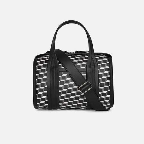 Pierre Hardy SAC À MAIN MINI CAB, toile enduite cube perspective et ganses en cuir de veau noir