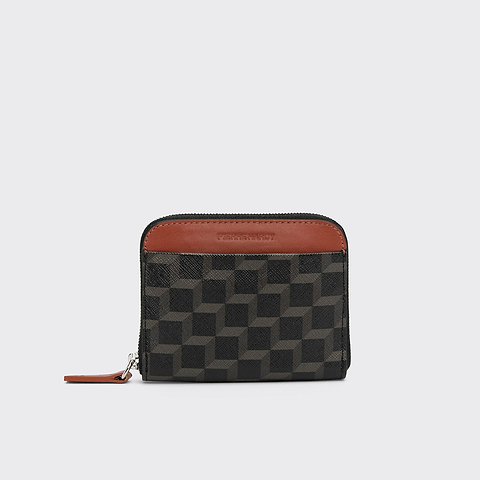 Pierre Hardy PORTE MONNAIE GINZA, toile enduite cube perspective noir et cuir de veau rouille