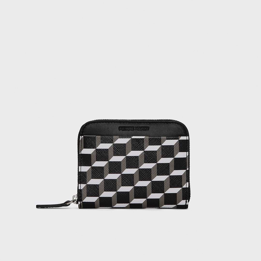 Pierre Hardy PORTE MONNAIE GINZA, toile enduite cube et cuir de veau noir
