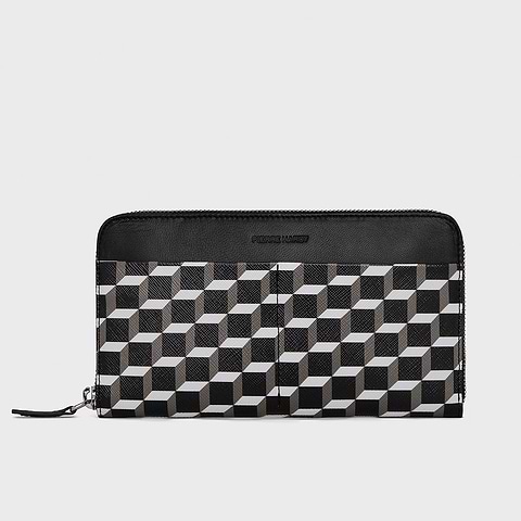 Pierre Hardy MAXI PORTEFEUILLE AOYAMA, toile enduite cube, cuir d'agneau noir