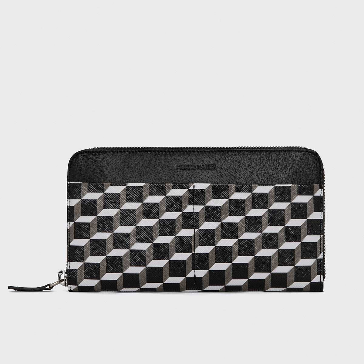 Pierre Hardy MAXI PORTEFEUILLE AOYAMA, toile enduite cube, cuir d'agneau noir