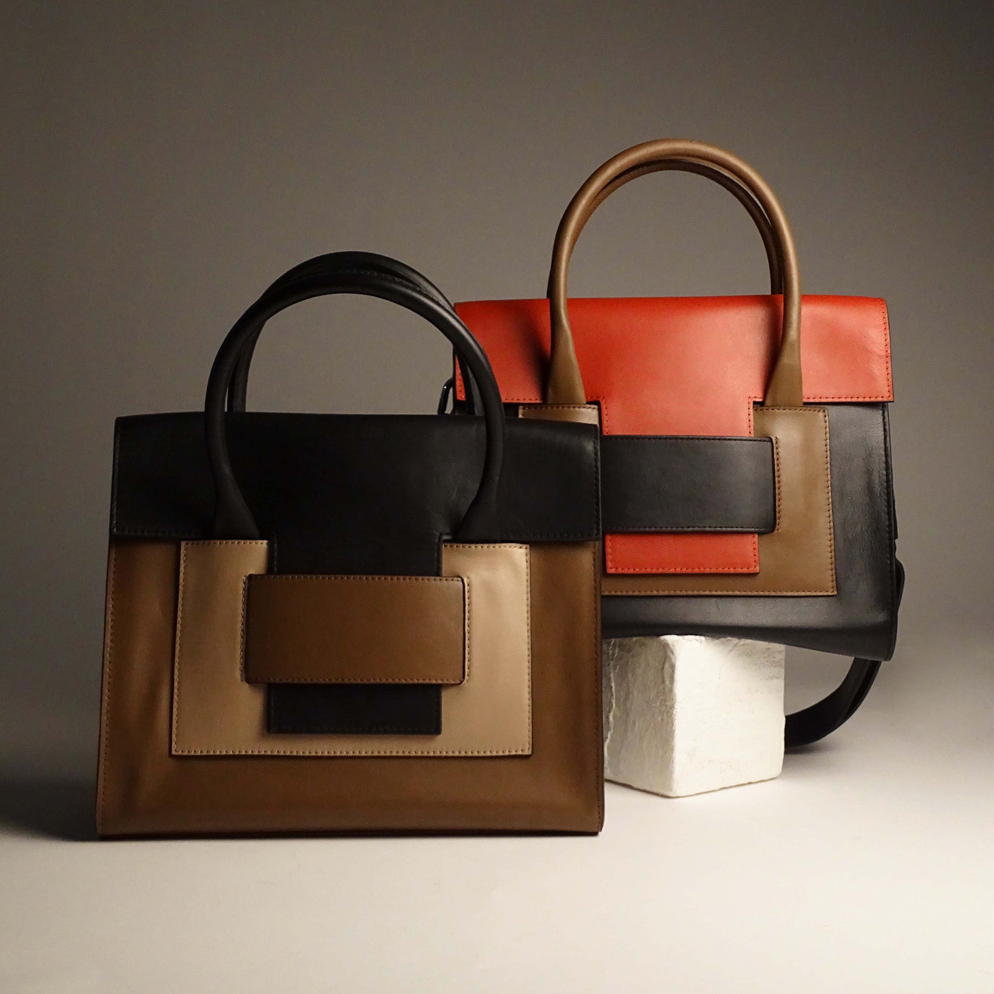 Pierre Hardy CABAS 217, cuir de veau noir, camel et rouille, vue 8