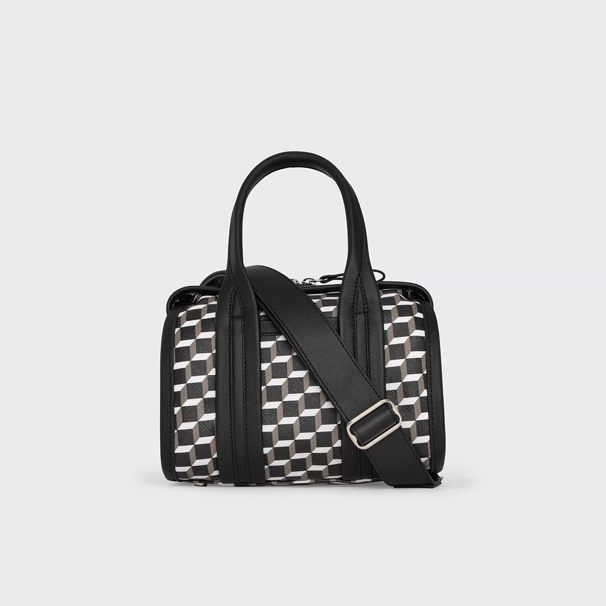 Pierre Hardy SAC NANO CAB, toile enduite cube perspective et ganses en cuir de veau noir