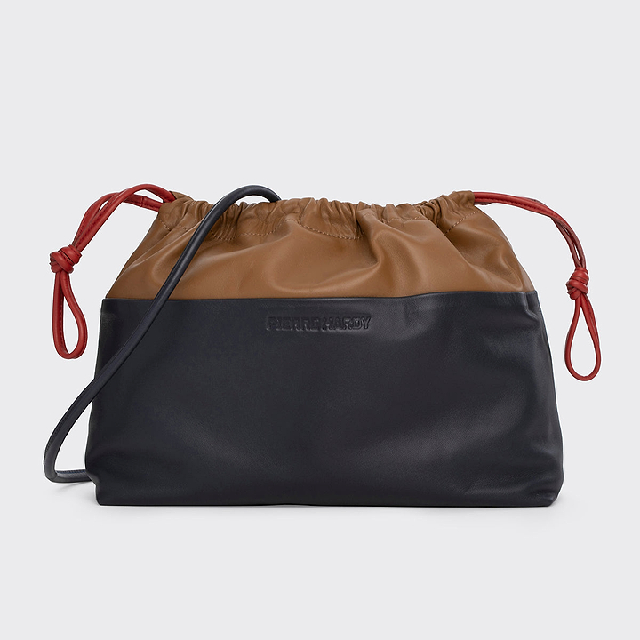 Pierre Hardy POCHETTE TWIN MAXI, cuir d'agneau camel et bleu marine