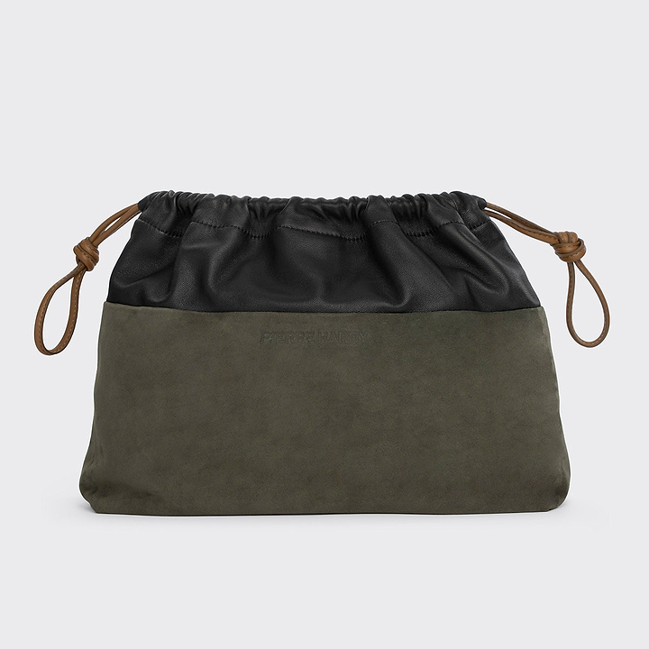Pierre Hardy POCHETTE TWIN MAXI, cuir de chevreau velours kaki et cuir d'agneau noir, vue 6