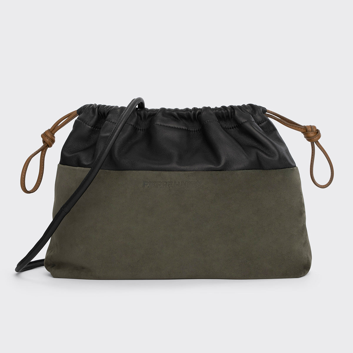 Pierre Hardy POCHETTE TWIN MAXI, cuir de chevreau velours kaki et cuir d'agneau noir