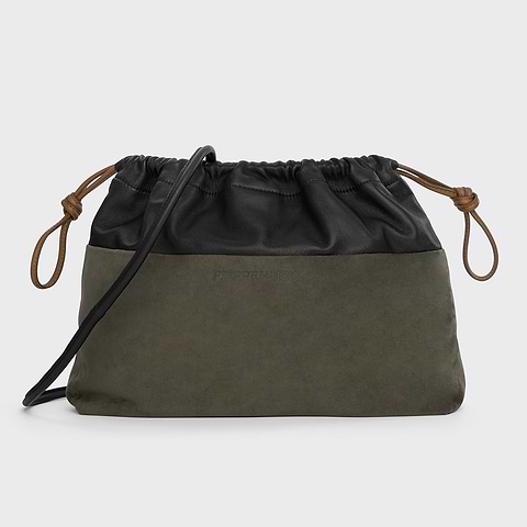 Pierre Hardy POCHETTE TWIN MAXI, cuir de chevreau velours kaki et cuir d'agneau noir