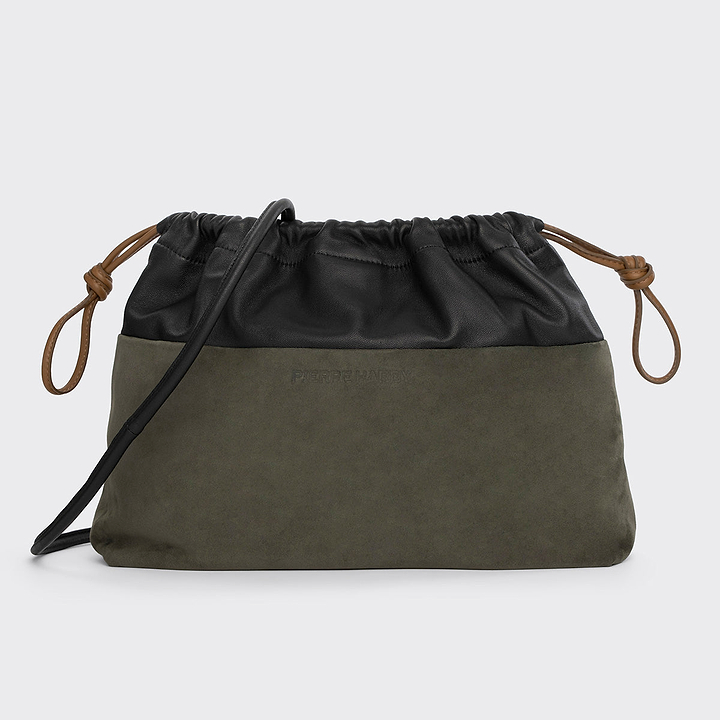 Pierre Hardy POCHETTE TWIN MAXI, cuir de chevreau velours kaki et cuir d'agneau noir