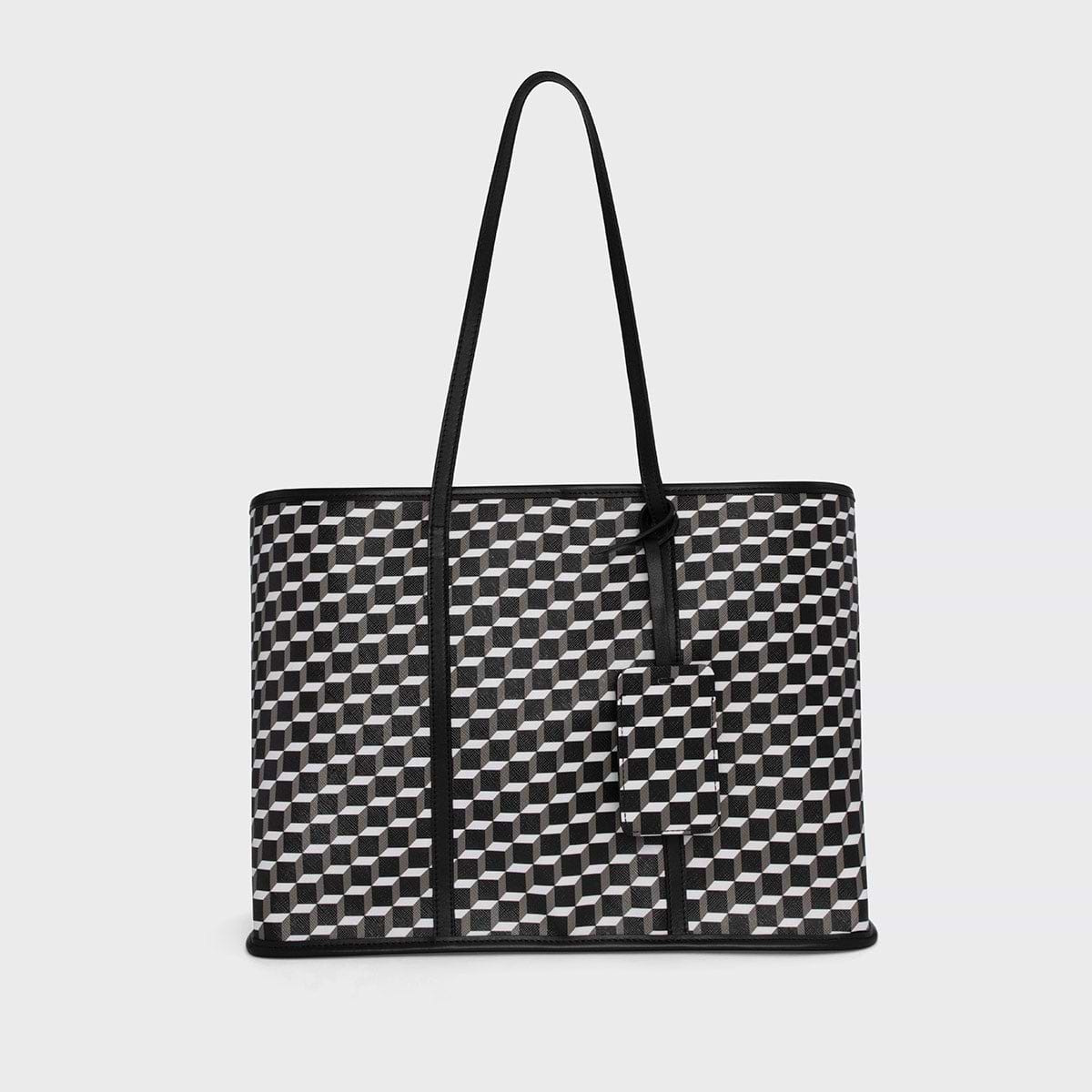 Pierre Hardy CABAS CAB, toile enduite cube perspective et ganses en cuir de veau noir