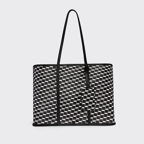 Pierre Hardy CABAS CAB, toile enduite cube perspective et ganses en cuir de veau noir