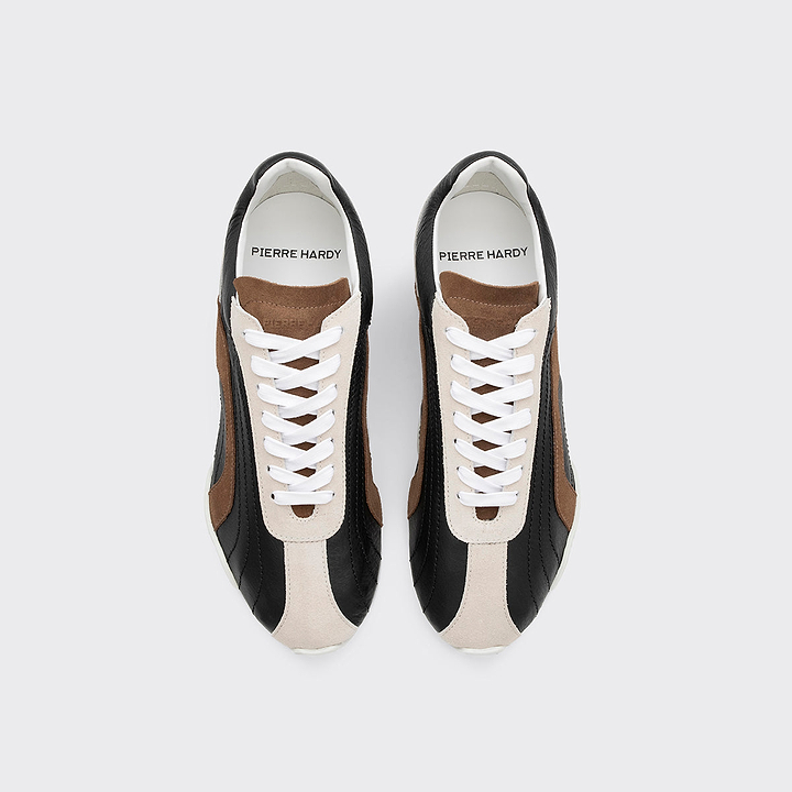 Pierre Hardy BASKETS JUMP, cuir de veau noir et cuir de veau velours marron & blanc cassé, vue 2