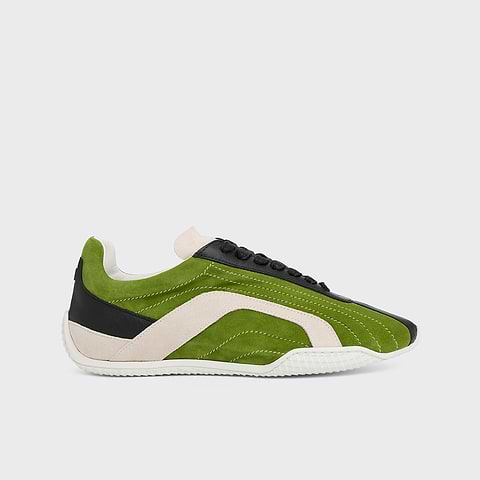 Pierre Hardy BASKETS JUMP, cuir de chevreau velours vert, cuir de veau noir et cuir de veau velours blanc cassé