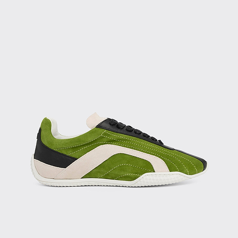 Pierre Hardy BASKETS JUMP, cuir de chevreau velours vert, cuir de veau noir et cuir de veau velours blanc cassé