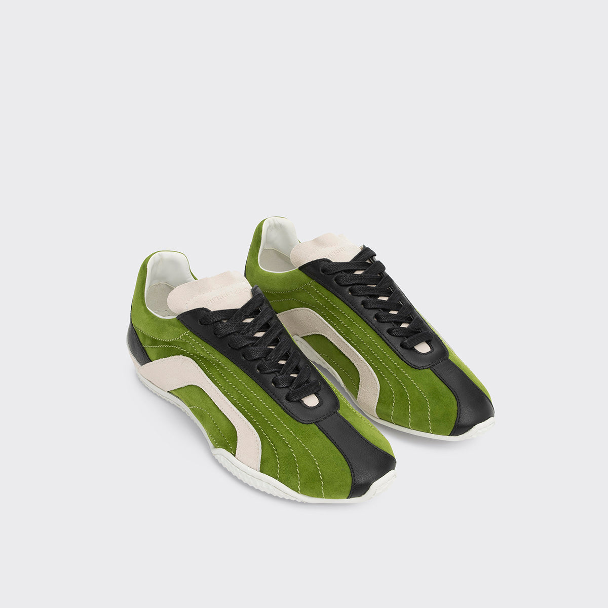 Pierre Hardy BASKETS JUMP, cuir de chevreau velours vert, cuir de veau noir et cuir de veau velours blanc cassé, vue 3