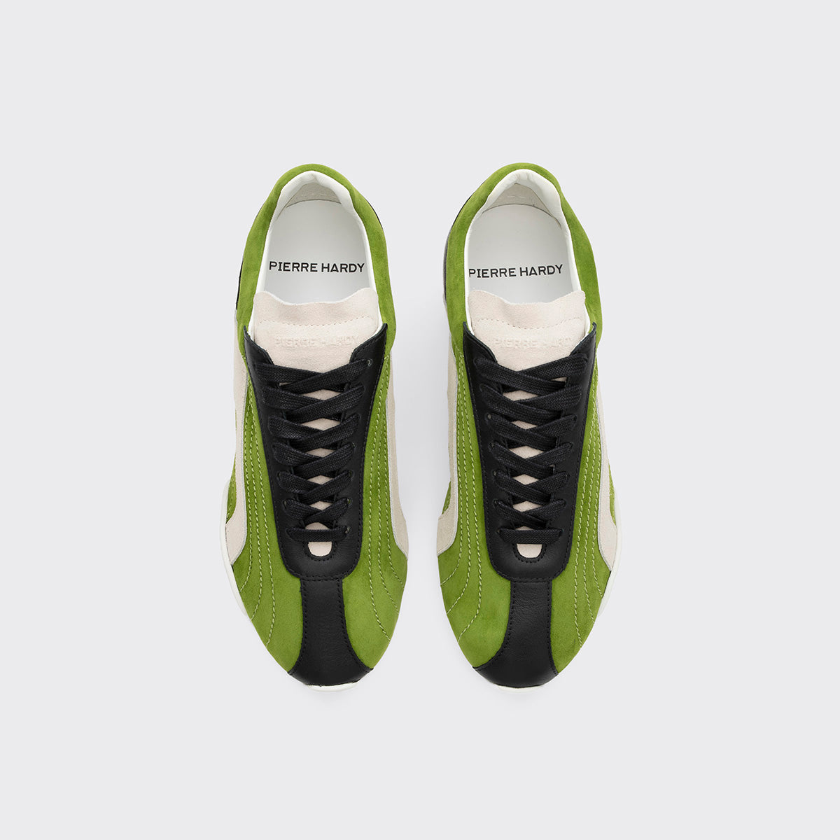 Pierre Hardy BASKETS JUMP, cuir de chevreau velours vert, cuir de veau noir et cuir de veau velours blanc cassé, vue 2