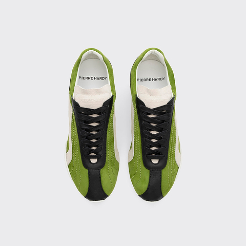 Pierre Hardy BASKETS JUMP, cuir de chevreau velours vert, cuir de veau noir et cuir de veau velours blanc cassé, vue 2