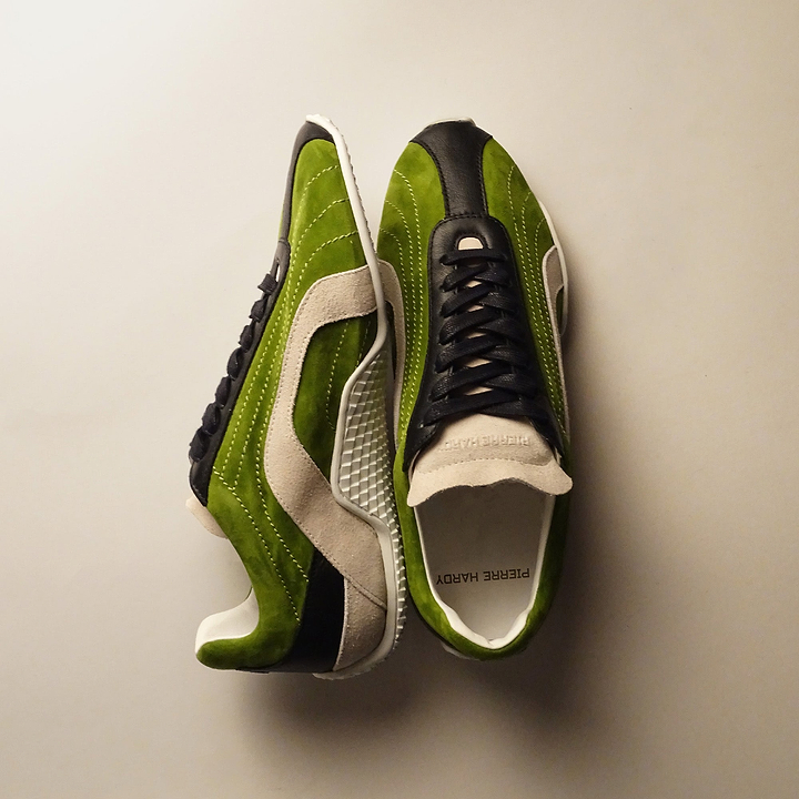 Pierre Hardy BASKETS JUMP, cuir de chevreau velours vert, cuir de veau noir et cuir de veau velours blanc cassé, vue 6
