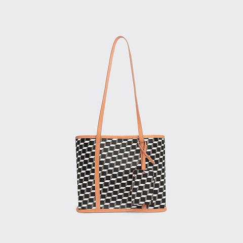 Pierre Hardy MINI CABAS CAB, toile enduite cube perspective et cuir de veau abricot