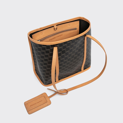 Pierre Hardy MINI CABAS CAB, toile enduite cube perspective noir et ganses en cuir de veau naturel, vue 2