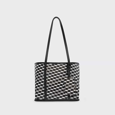 Pierre Hardy MINI CABAS CAB, toile enduite cube perspective et ganses en cuir de veau noir