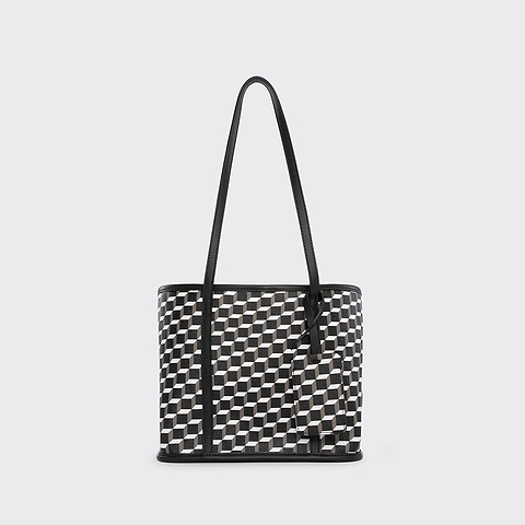 Pierre Hardy MINI CABAS CAB, toile enduite cube perspective et ganses en cuir de veau noir