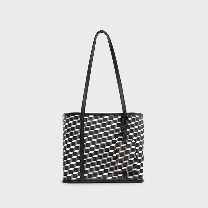Pierre Hardy MINI CABAS CAB, toile enduite cube perspective et ganses en cuir de veau noir