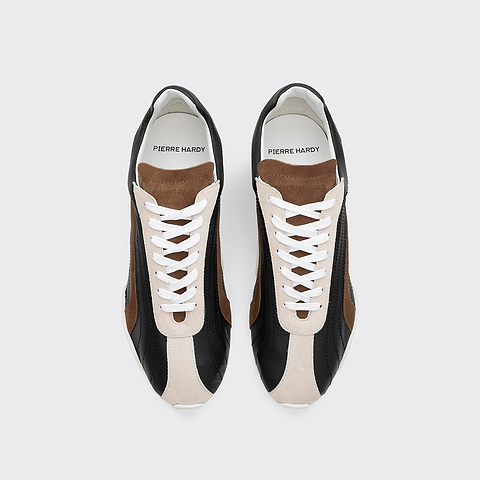 Pierre Hardy BASKETS JUMP, cuir de veau noir et cuir de veau velours marron & blanc cassé, vue 2