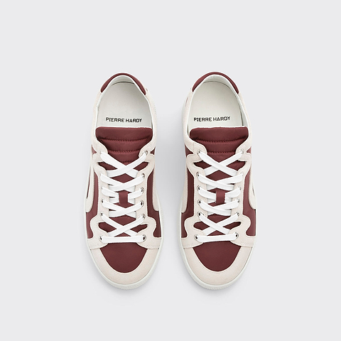 Pierre Hardy BASKETS ALPHA - FEMME, toile de nylon bordeaux et cuir de veau velours blanc, vue 2