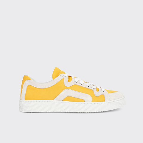Pierre Hardy BASKETS ALPHA - FEMME, toile de nylon jaune et cuir de veau velours blanc