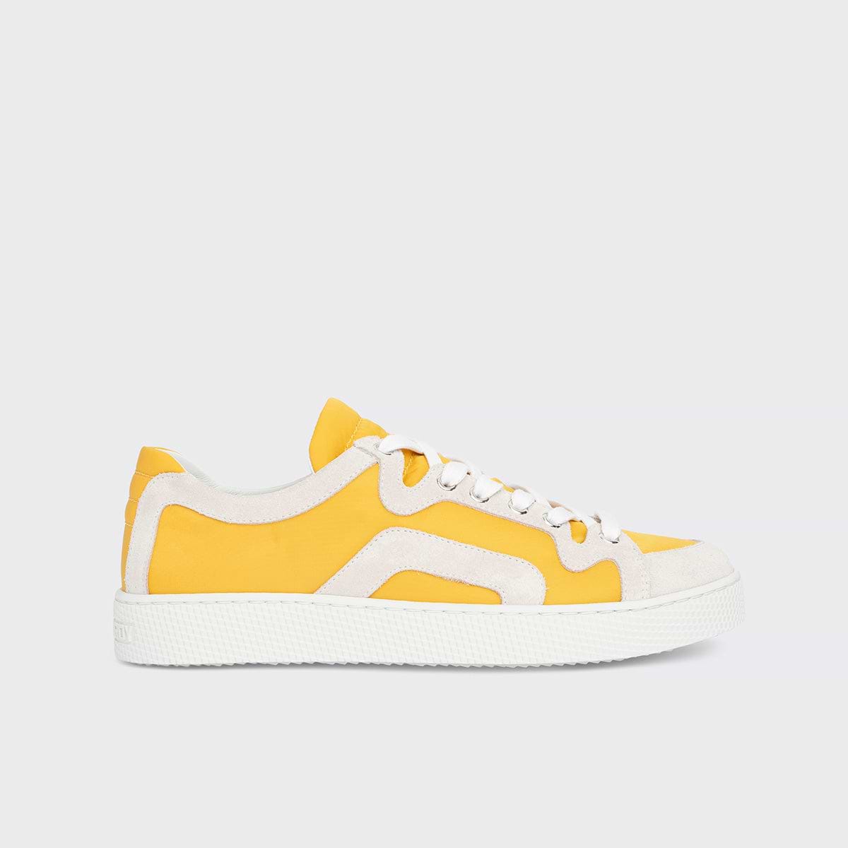 Pierre Hardy BASKETS ALPHA - FEMME, toile de nylon jaune et cuir de veau velours blanc