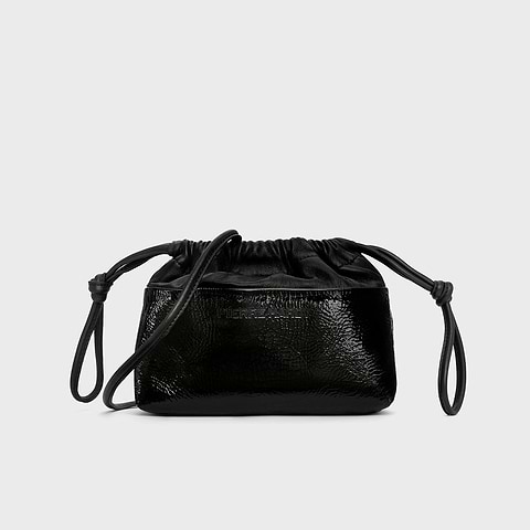 Pierre Hardy POCHETTE TWIN MINI, cuir de chevreau verni noir et cuir d'agneau noir