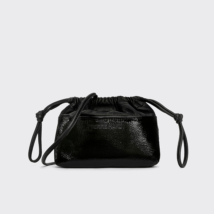 Pierre Hardy POCHETTE TWIN MINI, cuir de chevreau verni noir et cuir d'agneau noir