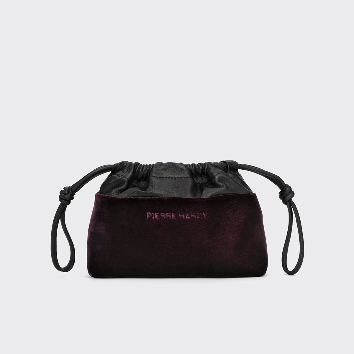 Pierre Hardy POCHETTE TWIN MINI, velours prune  et cuir d'agneau noir, vue 8