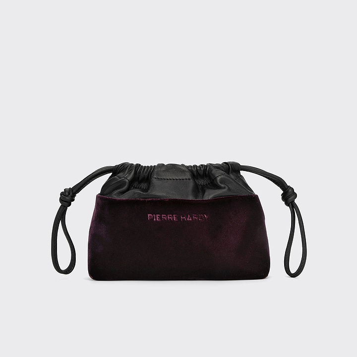 Pierre Hardy POCHETTE TWIN MINI, velours prune  et cuir d'agneau noir, vue 8