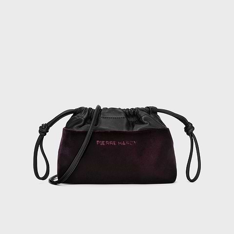 Pierre Hardy POCHETTE TWIN MINI, velours prune et cuir d'agneau noir
