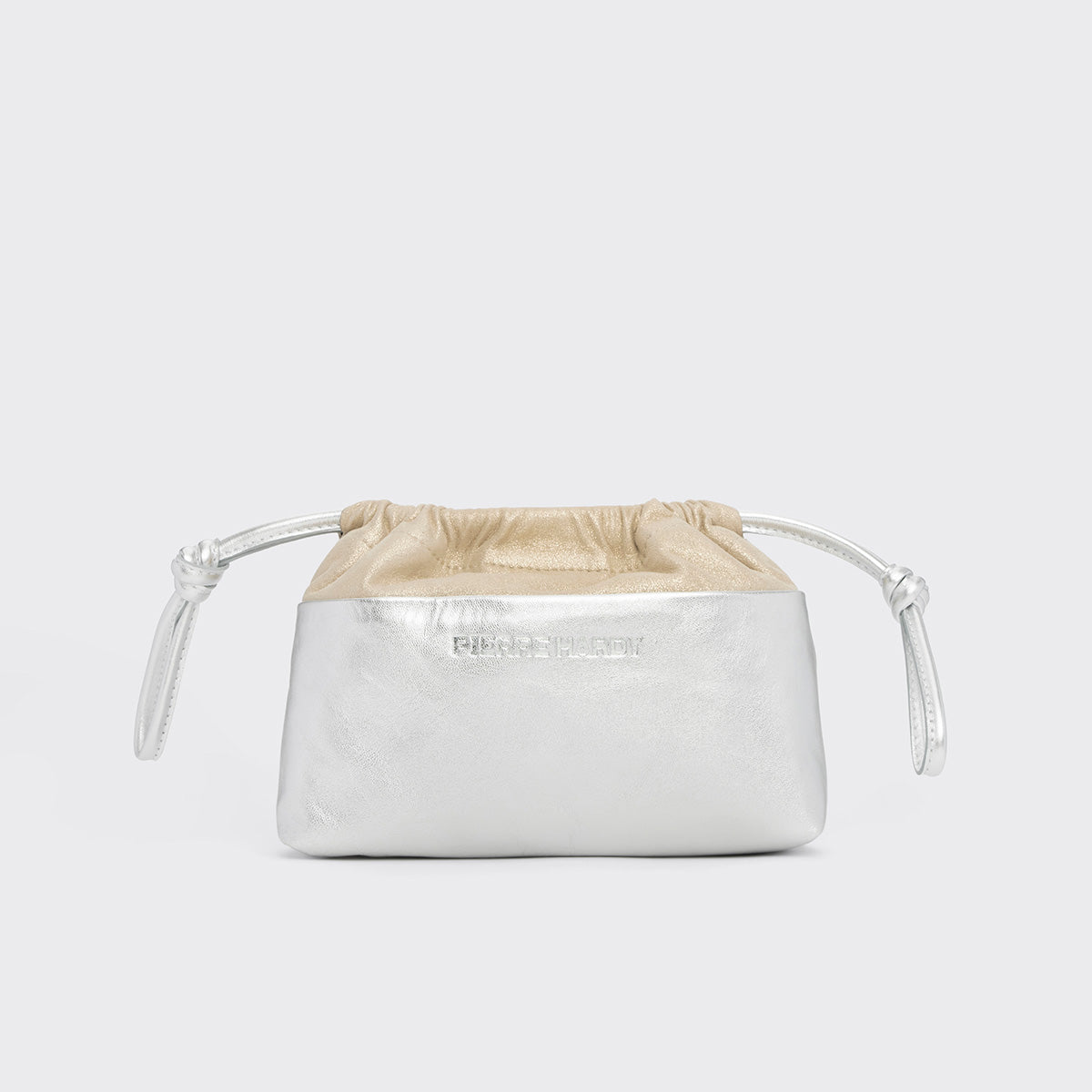Pierre Hardy POCHETTE TWIN MINI, cuir de chevreau métallisé argenté et cuir d'agneau champagne, vue 6