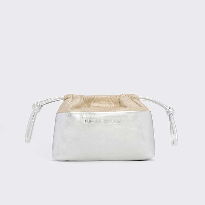 Pierre Hardy POCHETTE TWIN MINI, cuir de chevreau métallisé argenté et cuir d'agneau champagne, vue 6