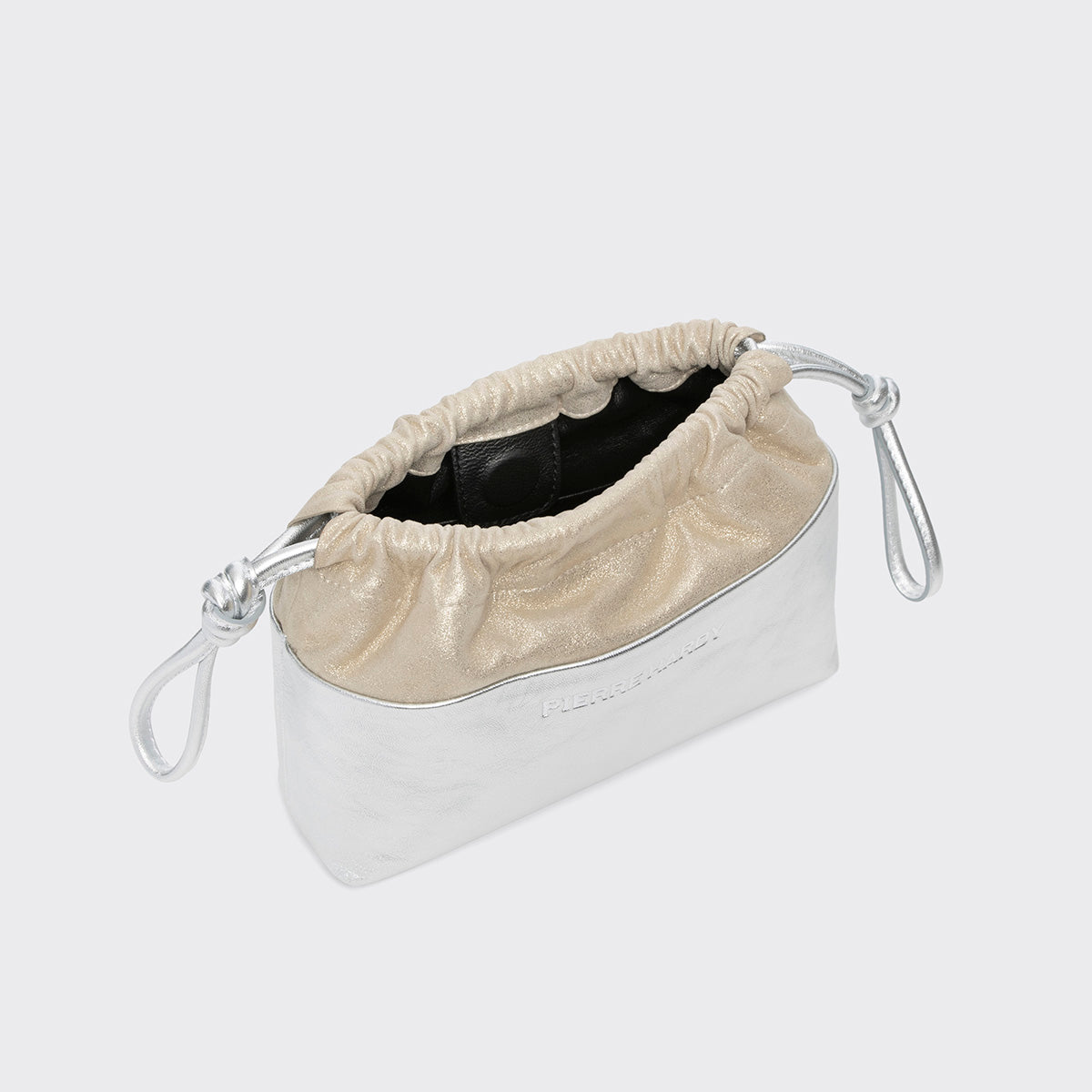 Pierre Hardy POCHETTE TWIN MINI, cuir de chevreau métallisé argenté et cuir d'agneau champagne, vue 3