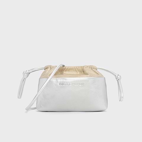 Pierre Hardy POCHETTE TWIN MINI, cuir de chevreau métallisé argenté et cuir d'agneau champagne