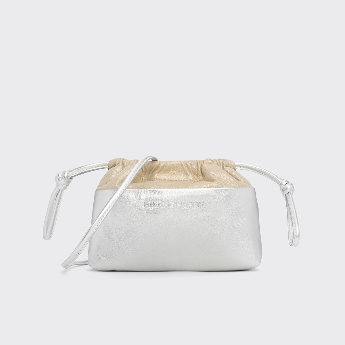 Pierre Hardy POCHETTE TWIN MINI, cuir de chevreau métallisé argenté et cuir d'agneau champagne