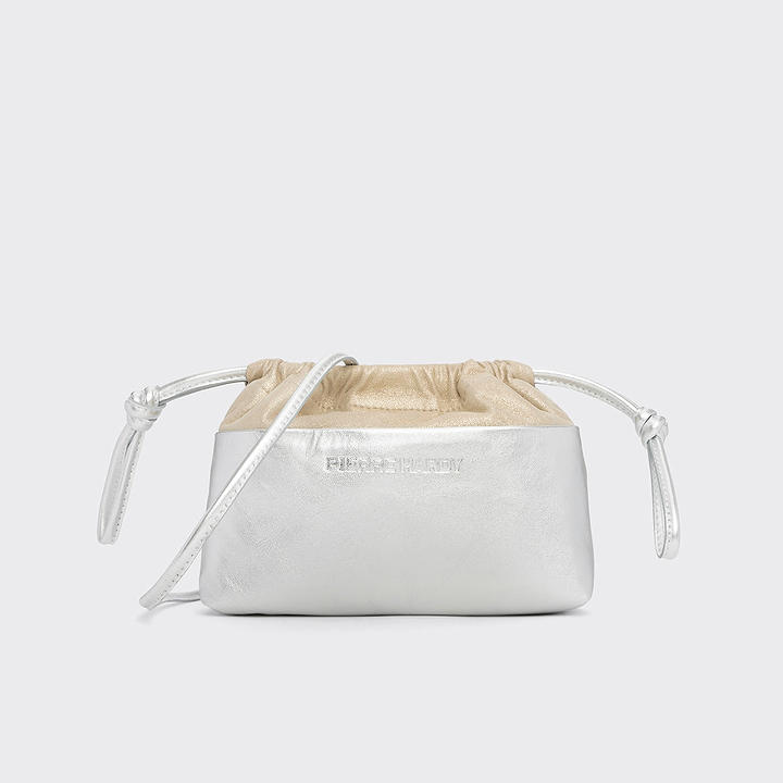 Pierre Hardy POCHETTE TWIN MINI, cuir de chevreau métallisé argenté et cuir d'agneau champagne