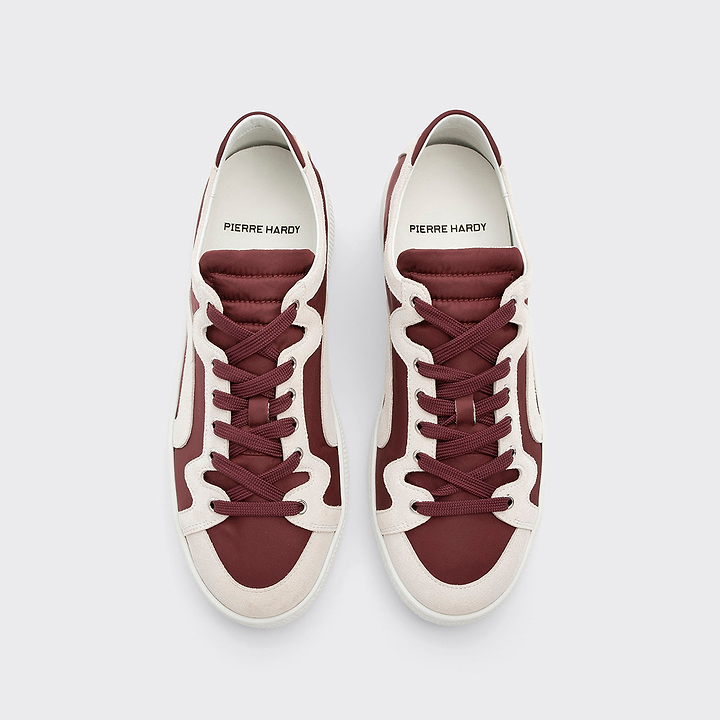 Pierre Hardy BASKETS ALPHA - HOMME, toile de nylon bordeaux et cuir de veau velours blanc, vue 6