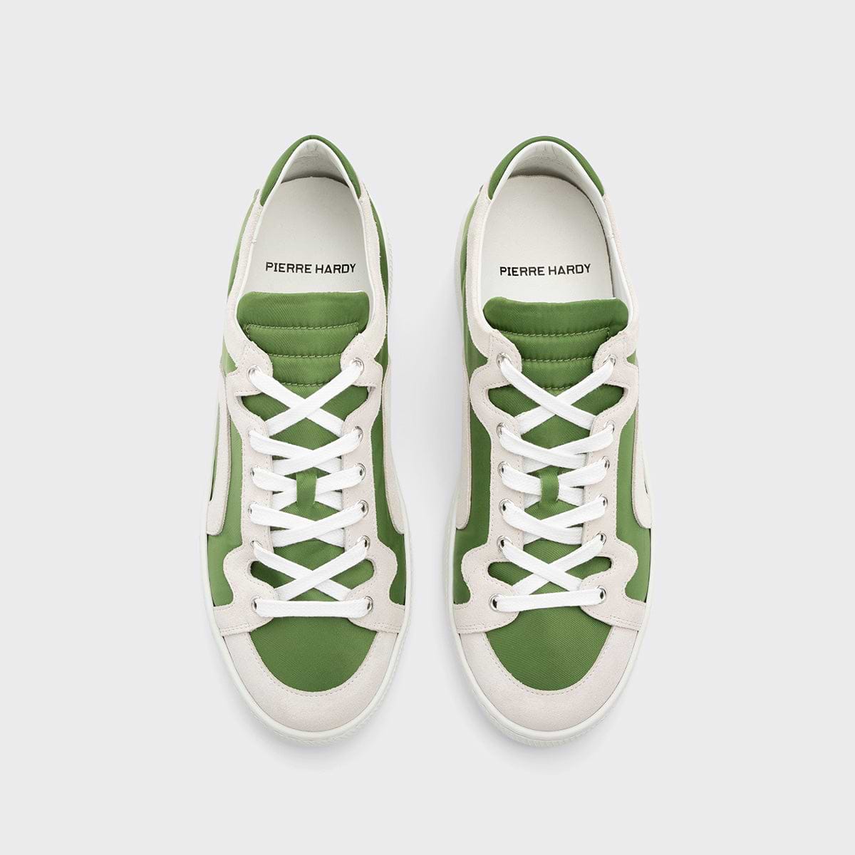 Pierre Hardy BASKETS ALPHA - HOMME, toile de nylon verte et cuir de veau velours blanc, vue 3