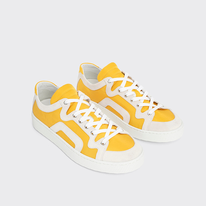 Pierre Hardy BASKETS ALPHA - HOMME, toile de nylon jaune et cuir de veau velours blanc, vue 8